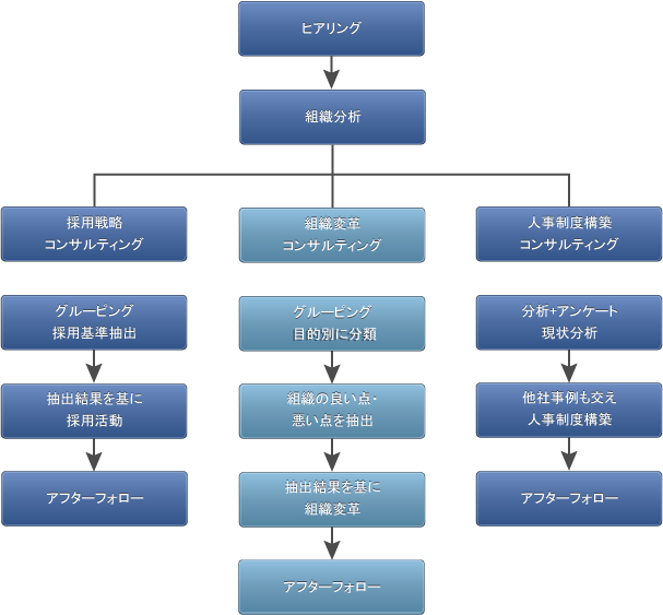 コンサルティングの流れ その3 採用基準~レポート提出について 人事コンサルティングの流れ③-B 組織変革コンサルティング